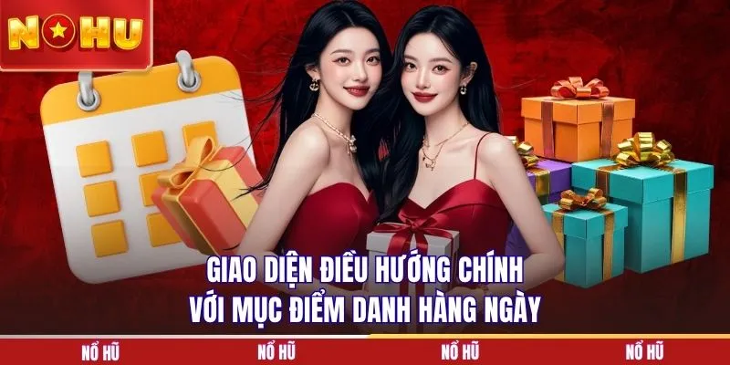 Giao diện điều hướng chính với mục điểm danh hàng ngày